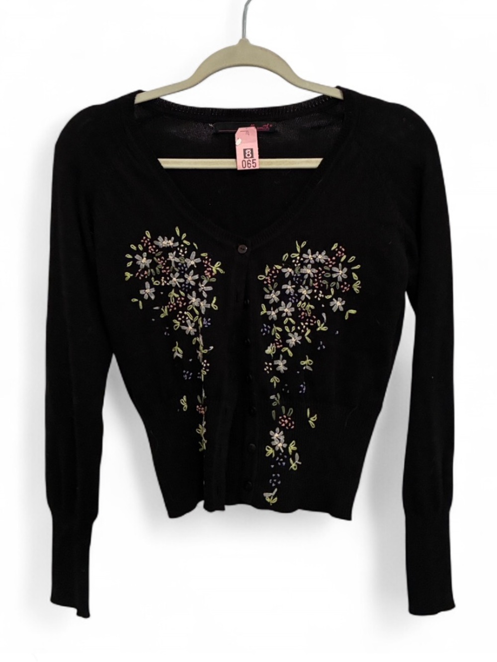 Y2K Willi Smith Black Floral Embroidered Button-Front Grandma Cardigan Sweater